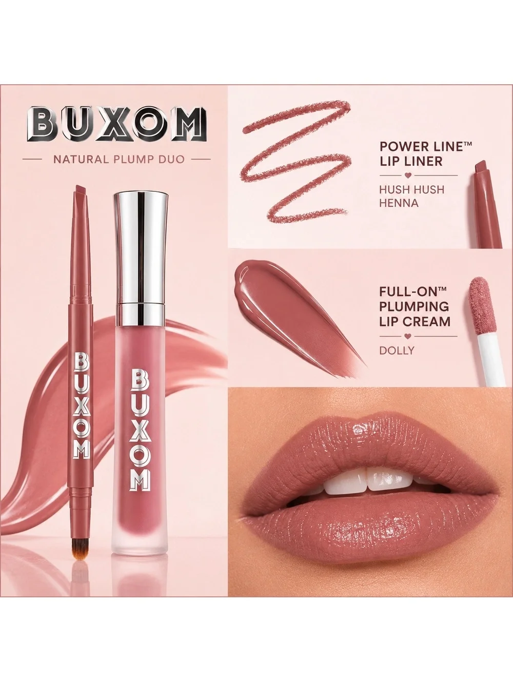 Buxom Lip Liner & Plumping Cream Duo Hush Hush Henna & Dolly New in Box